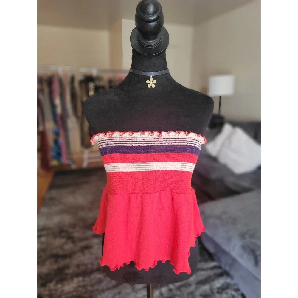 Free People Free To Be Striped Ruffle Edge Hem Stretchy Boho Tube Top Size M NWT